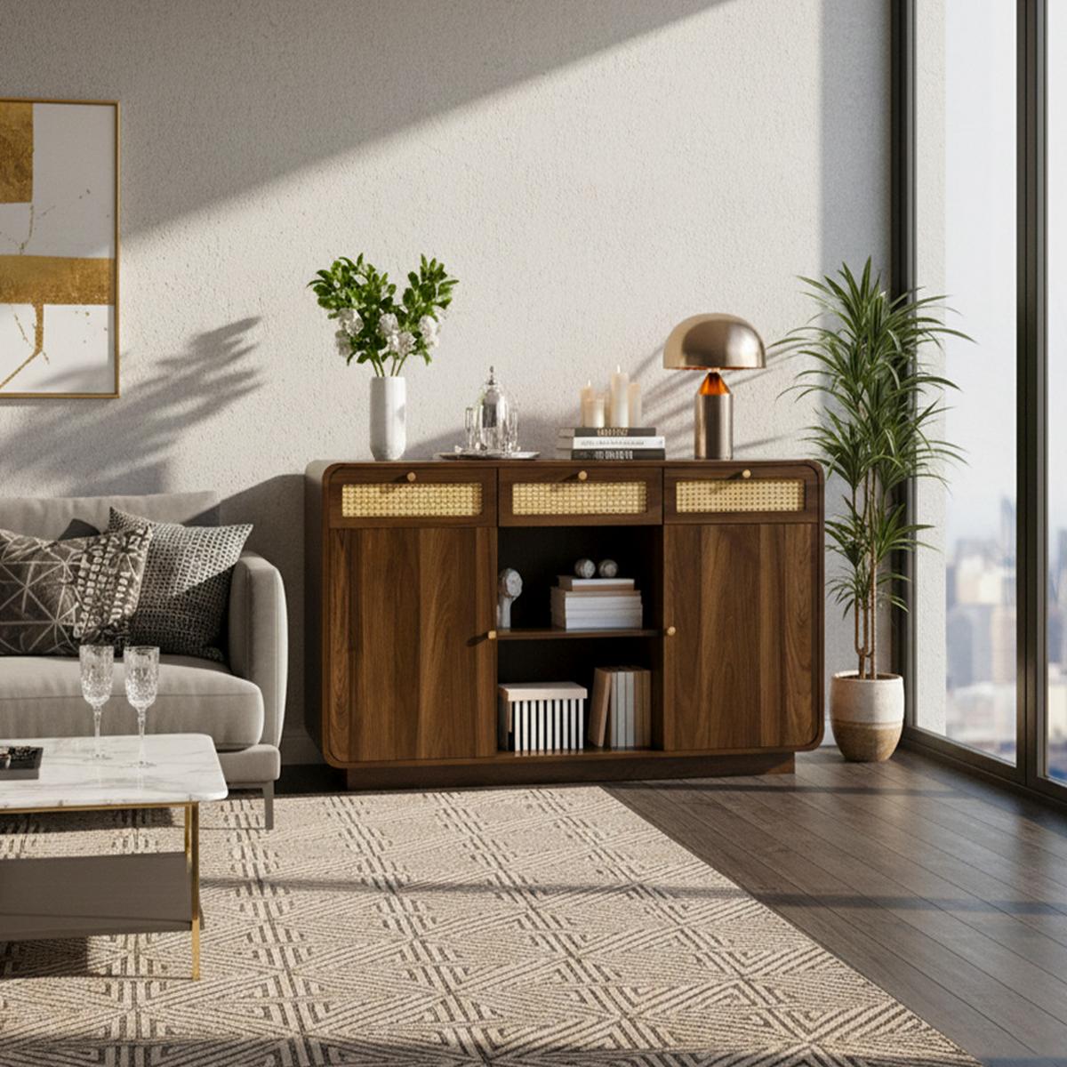 SIDEBOARD Nussbaum, Rattanfronten, Goldgriffe 3 Schubladen, 2 Schränke, Höhenverstellbare Einlegeböden - Walnussfarben, Holzwerkstoff (120/85/40cm) - Urban Meuble