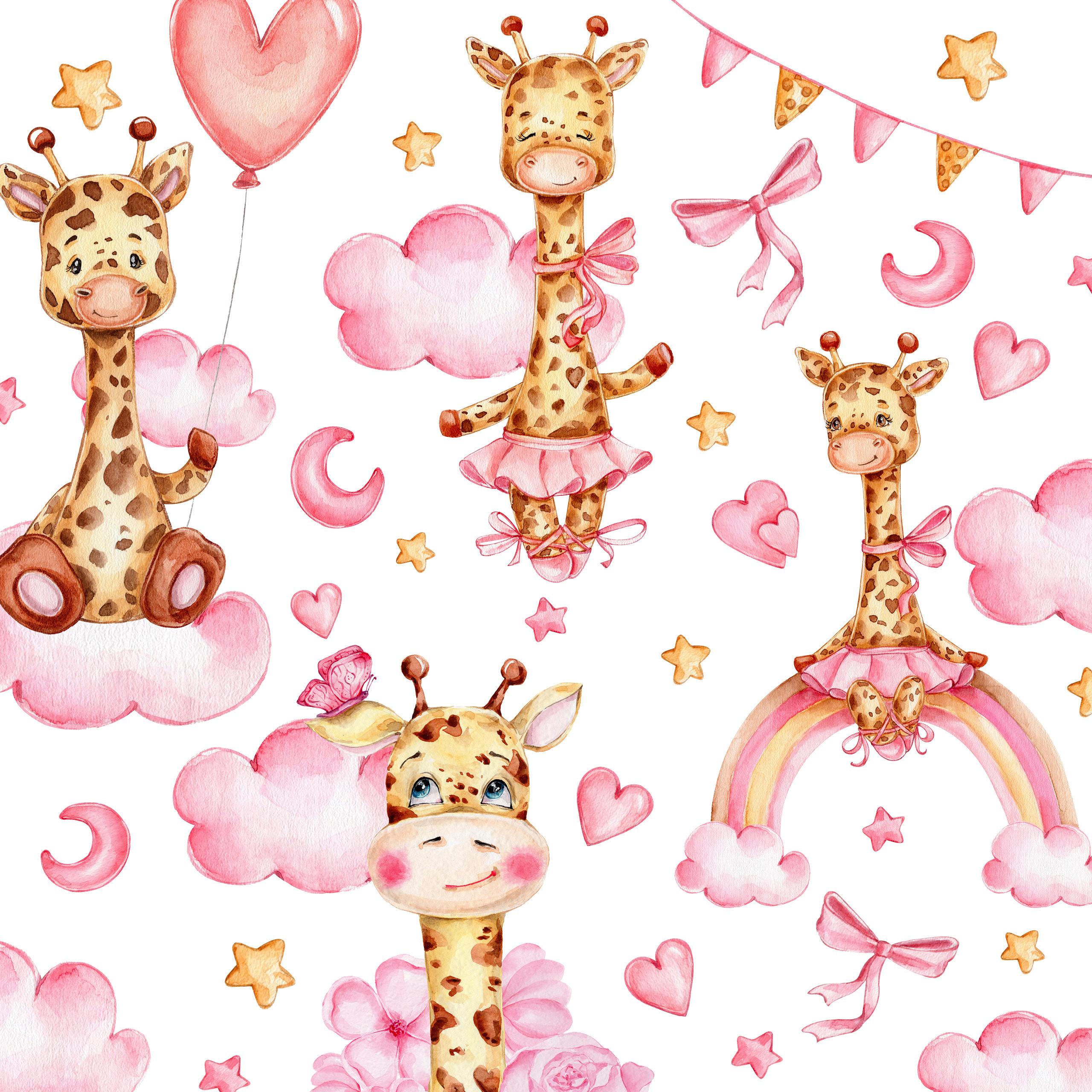 STICKER SET für Kinder Giraffen rosa Wolken Monde Sterne 120x60 - Gelb/Beige, Papier (120/60/1cm) - Muralo