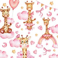 STICKER SET für Kinder Giraffen rosa Wolken Monde Sterne 120x60 - Gelb/Beige, Papier (120/60/1cm) - Muralo