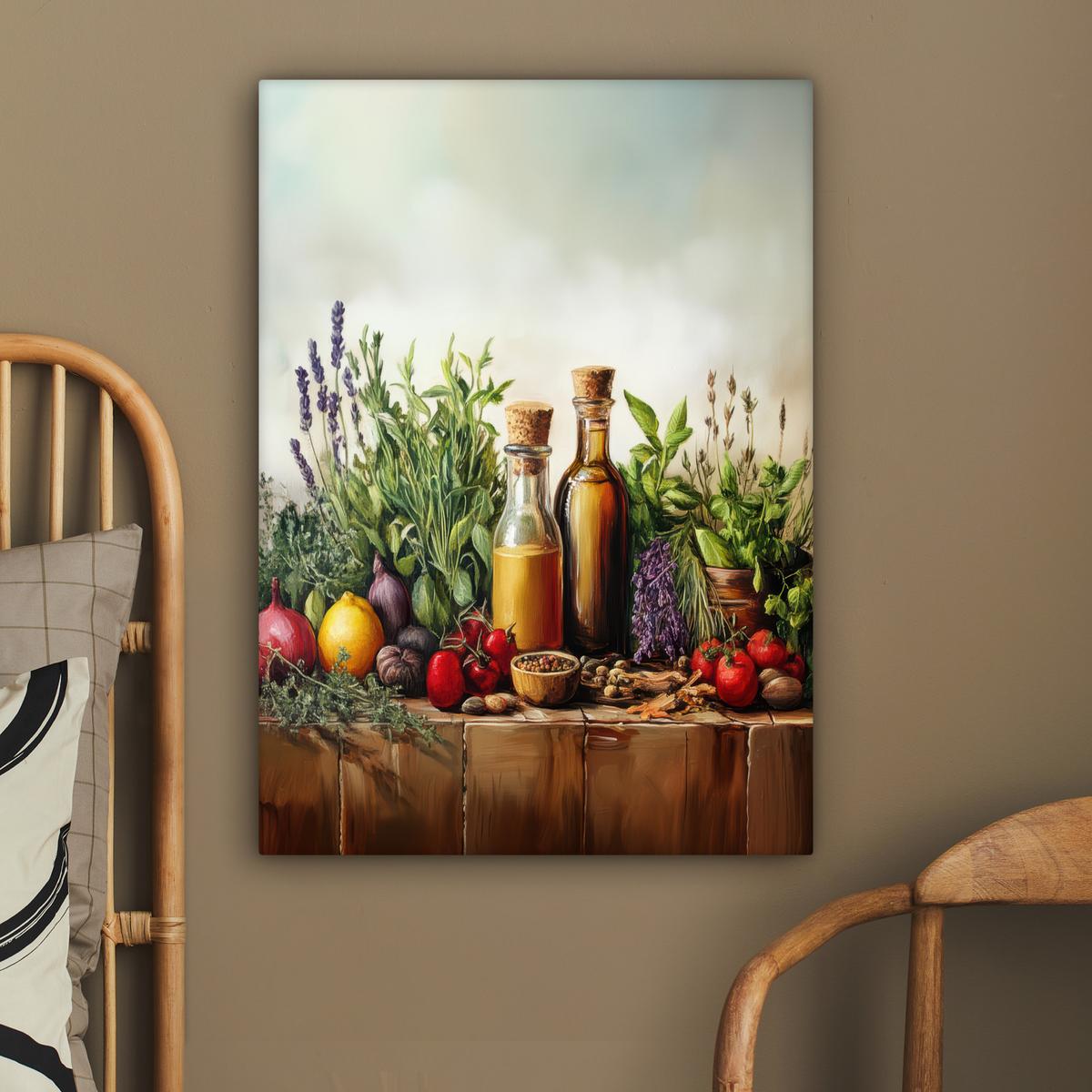 LEINWANDBILD Stilleben - Kräuter - Gewürze - Früchte - Farbenfroh Wandbild Wohnzimmer 60x80 cm - Grün, Textil (60/80cm) - MuchoWow