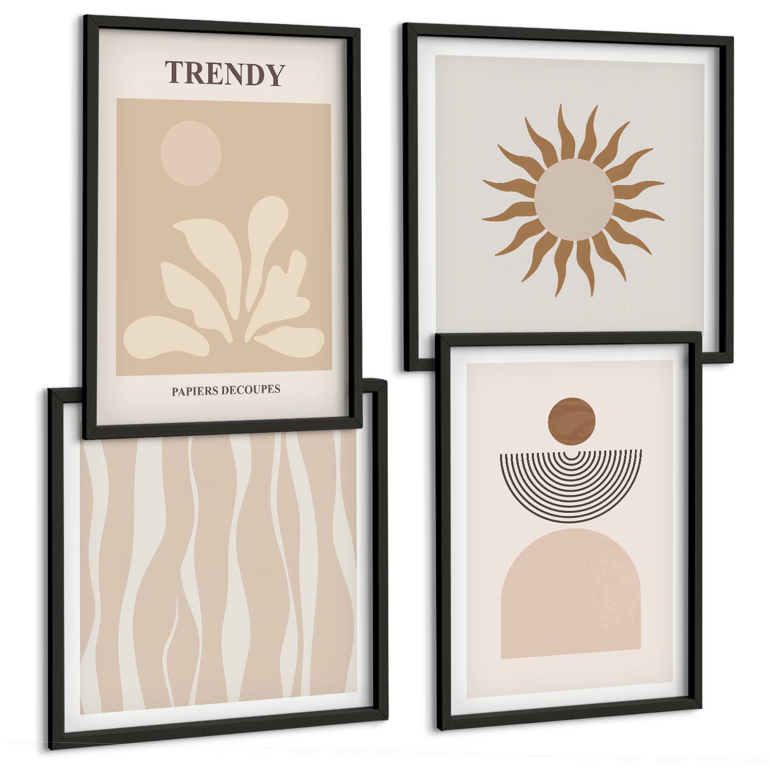 BILDER SET 4er Set - 50x50 cm & 40x60 cm Schwarzer Rahmen - Stilvolle abstrakte Beigetöne - Schwarz, Kunststoff (50/50cm) - TULUP