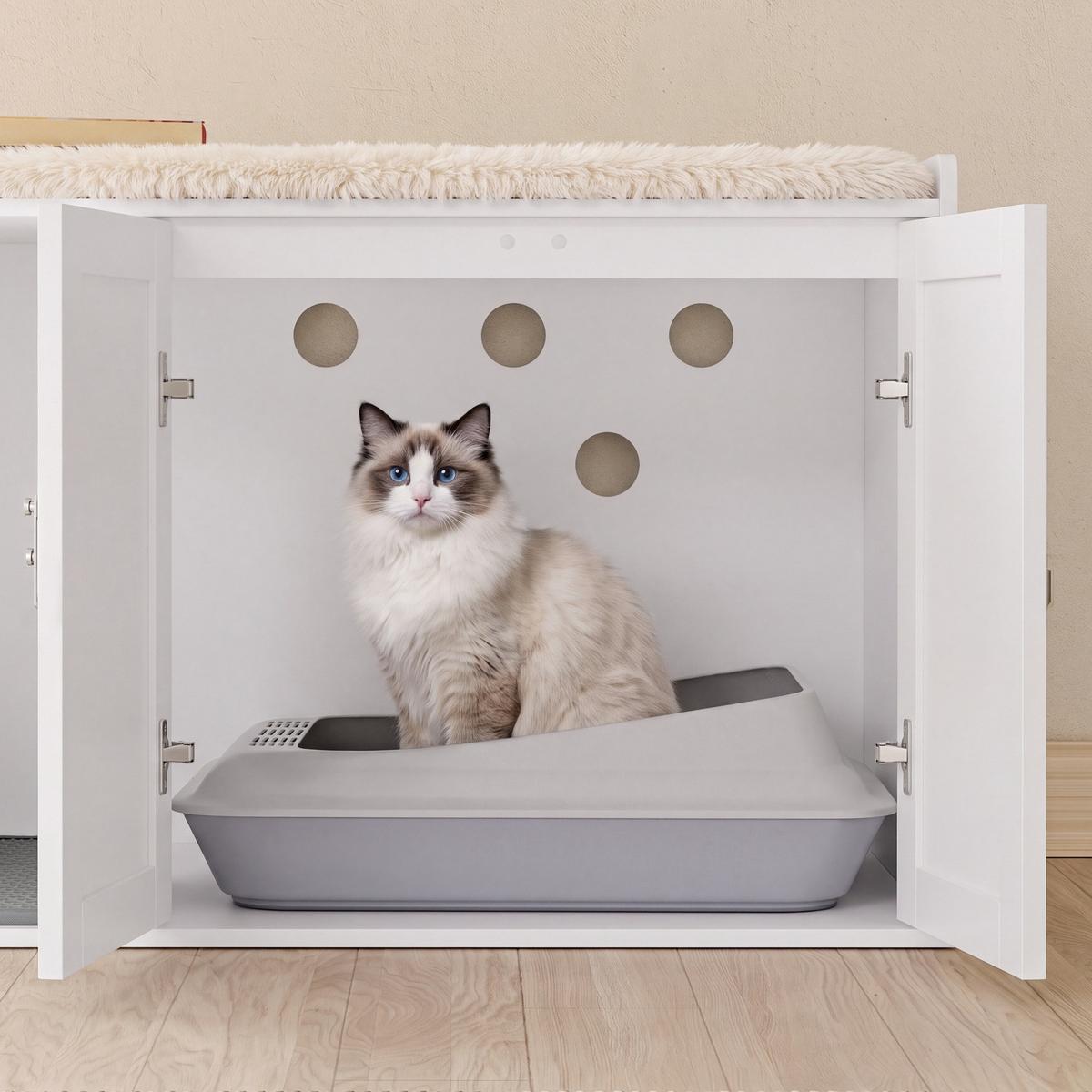 SITZBANK mit Aufbewahrung und Katzenklo-Verkleidung HAT07-E-W - Ahornfarben/Weiß, Holzwerkstoff/Fell (48/49.5/79.7cm) - SoBuy