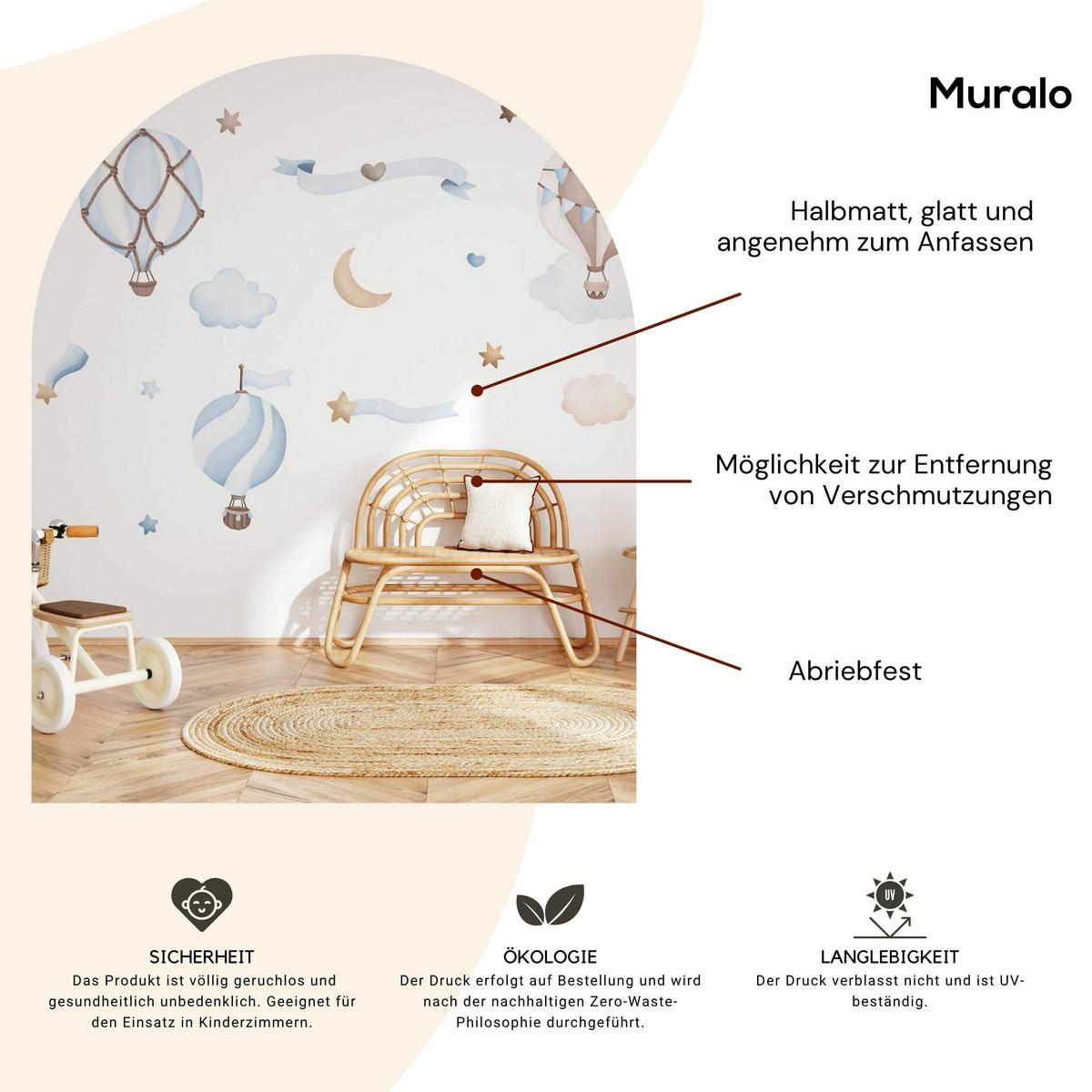 STICKER SET für Kinder blaue Luftballons Wolken Sterne Boho 120x60 - Beige/Braun, Papier (120/60/1cm) - Muralo