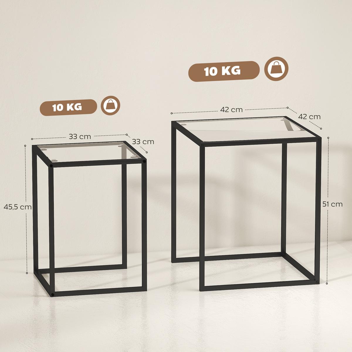 BEISTELLTISCH 2er Set Stahl Hartglas Schwarz - Schwarz, Metall (42/42/51cm) - HOMCOM