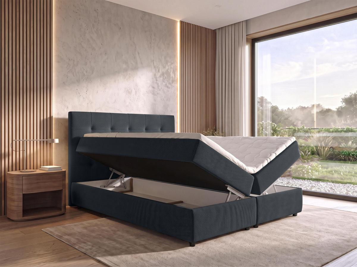BOXBETT SAKARYA 180x200 cm mit Bettkasten und Matratze - Schwarz + TOPPER - Schwarz, Holz/Holzwerkstoff (180/200cm) - AX Living