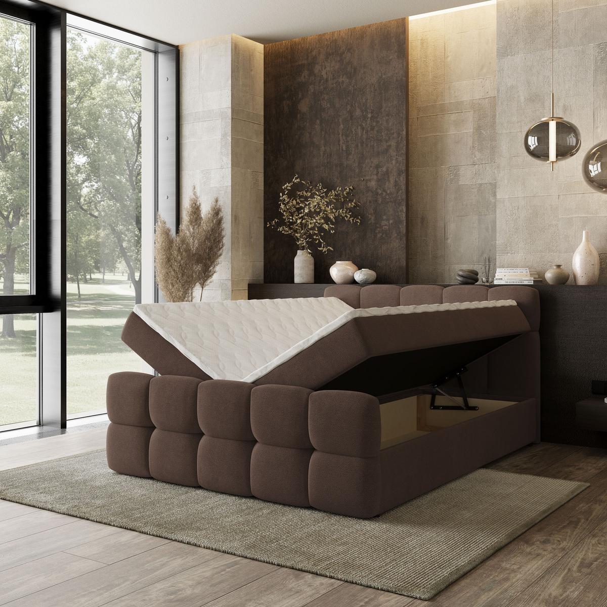 BOXBETT BRUME 200x200 cm mit Matratze und Topper, H2+H3 - Braun - Braun, Holz (200/200cm) - MASSENO
