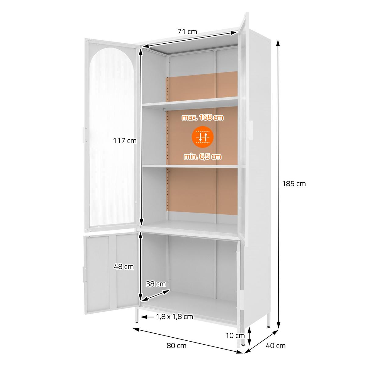 VITRINENSCHRANK 80x185x40 cm Weiß aus Stahl mit 4 Türen - Weiß, Metall (80/185/40cm) - ML-DESIGN