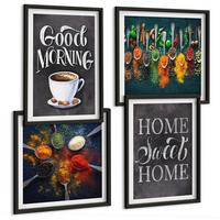 BILDER SET 4er Set - 50x50 cm & 40x60 cm Schwarzer Rahmen - Gewürze, Kaffee, Tasse, Kräuter - Schwarz, Kunststoff (50/50cm) - TULUP