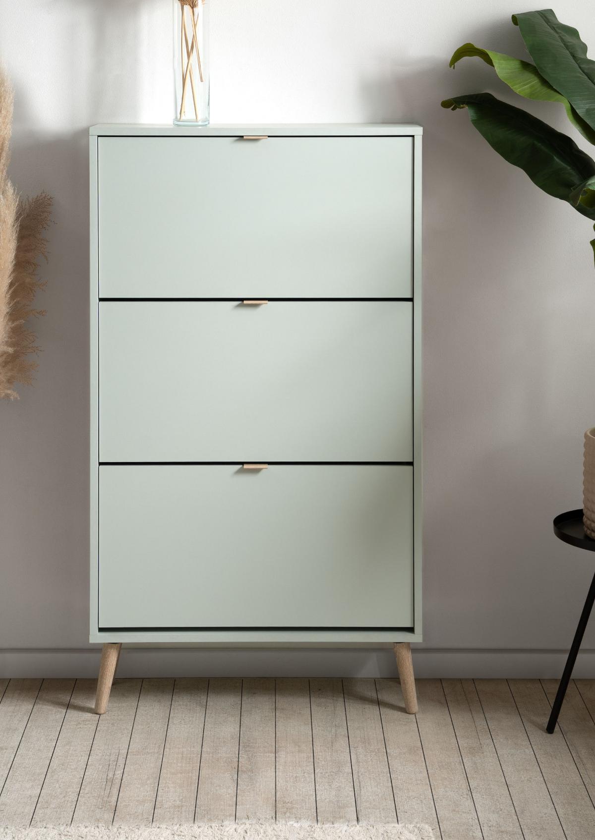 SCHUHSCHRANK Pastellgrün 70 x 125 cm, Schuhkipper mit 3 Klappen - Eichefarben/Pastellgrün, Eichenholz/Holz (70/125/24cm) - Furn.Design