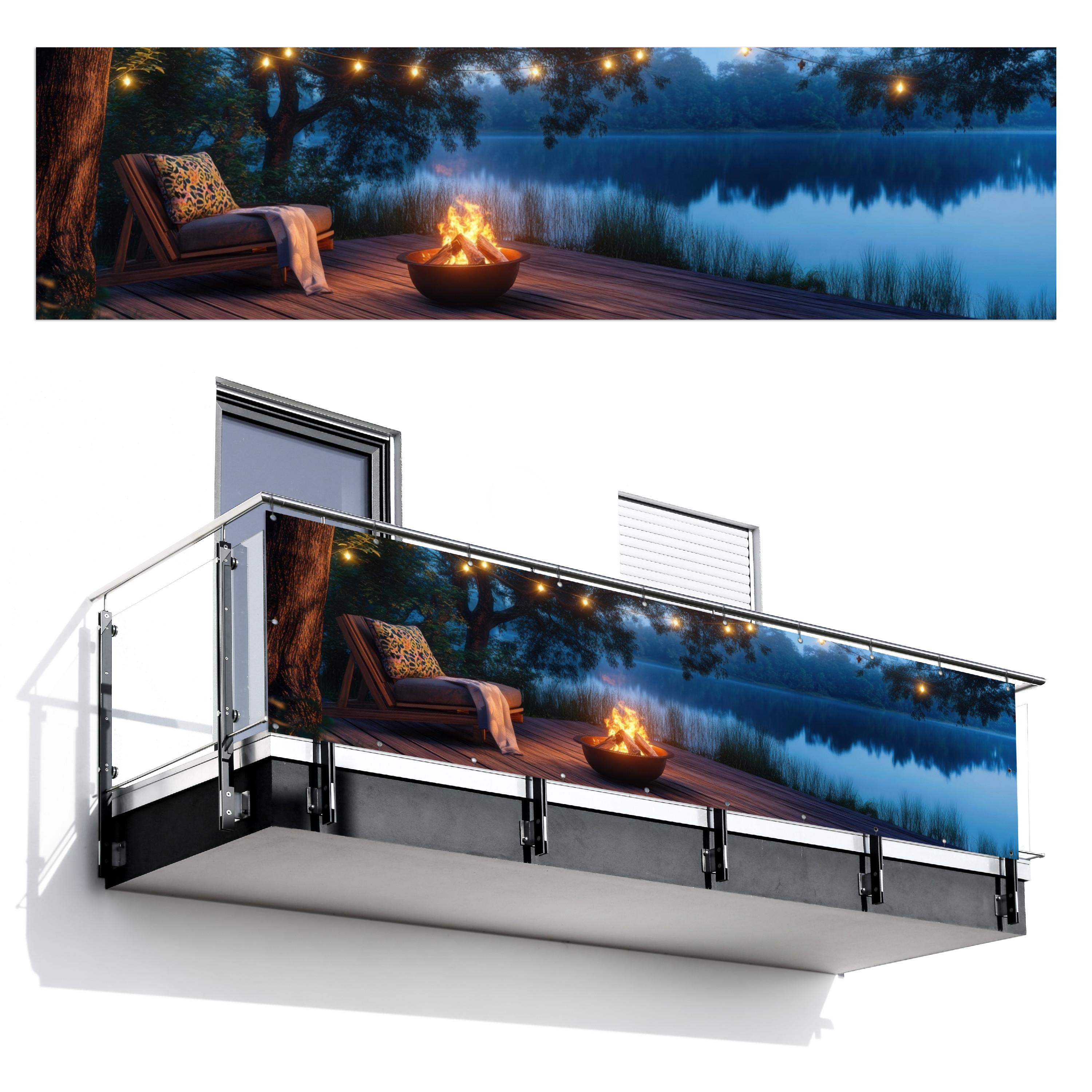 BALKON-SICHTSCHUTZ Lagerfeuer - See - Abendlicht Witterungsbeständig 300x75 cm - Dunkelblau, Kunststoff (300/75cm) - MuchoWow