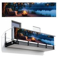 BALKON-SICHTSCHUTZ Lagerfeuer - See - Abendlicht Witterungsbeständig 300x75 cm - Dunkelblau, Kunststoff (300/75cm) - MuchoWow