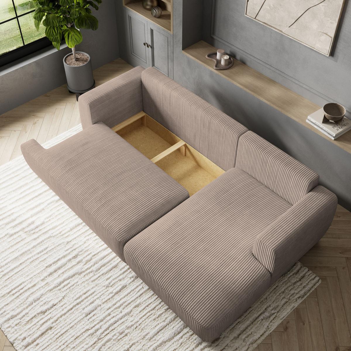 ECKSOFA SENTI P R-S Beige Kordstoff mit Schlaffunktion - Beige/Schwarz, Holz/Kunststoff (246/148cm) - MASSENO