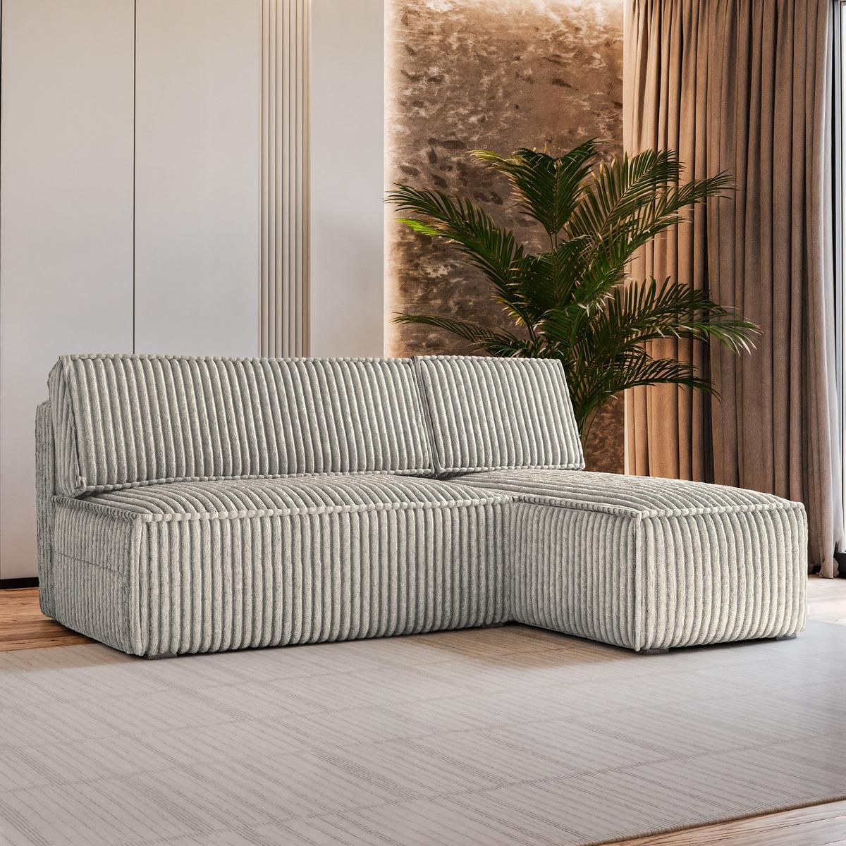 ECKSOFA BRISO T Hellgrau Kordstoff mit Schlaffunktion - Hellgrau/Grau, Holz/Kunststoff (200/140cm) - MASSENO
