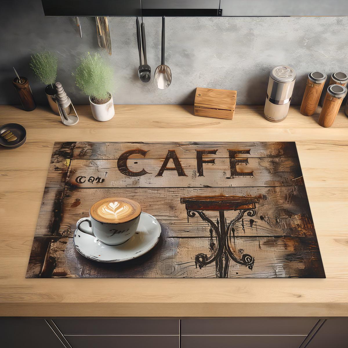HERDABDECKPLATTE Cafe - Holz - Kaffee - Regale Induktionsmatte 81x52 cm - Schwarz, Kunststoff (81/52/0.2cm) - MuchoWow