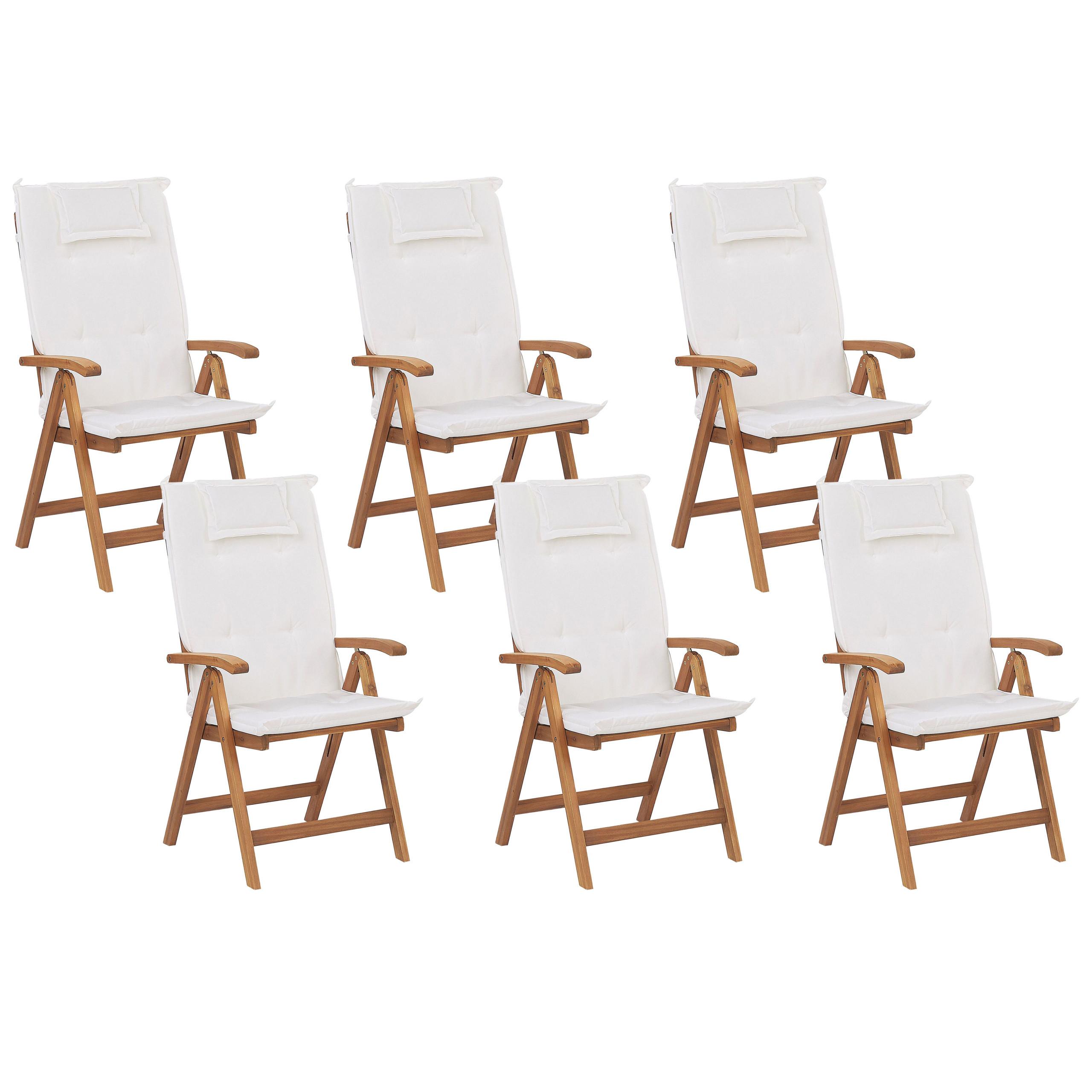 GARTENSTUHL 6er-Set Akazienholz Hellbraun Auflagen Cremeweiß Java - Hellbraun/Creme, Holz (54/105/69cm) - Beliani