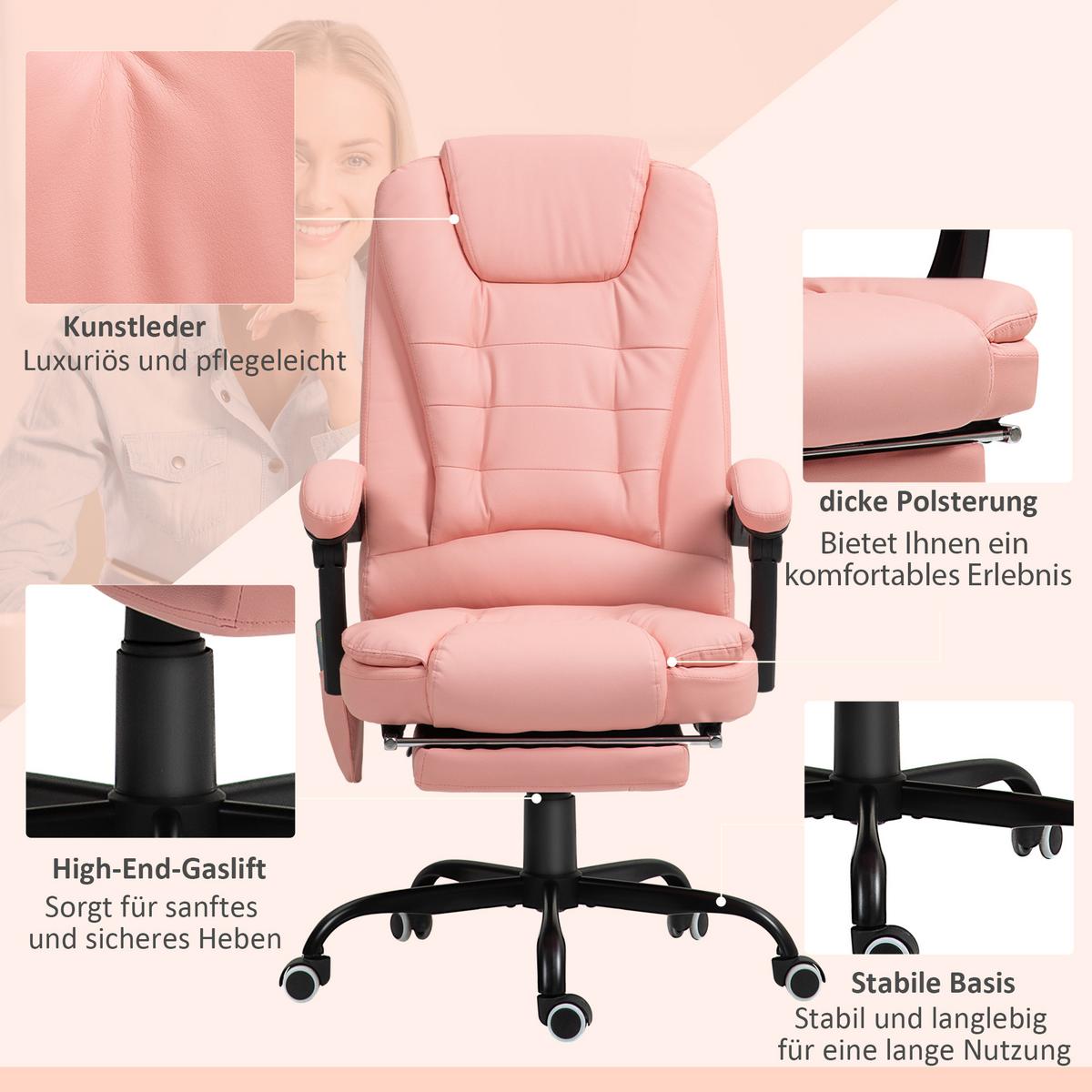 CHEFSESSEL mit 7 Punkt Massage, ergonomischer Gaming Sessel mit Liegefunktion - Schwarz/Rosa, Kunststoff/Metall (67/121/79cm) - Vinsetto