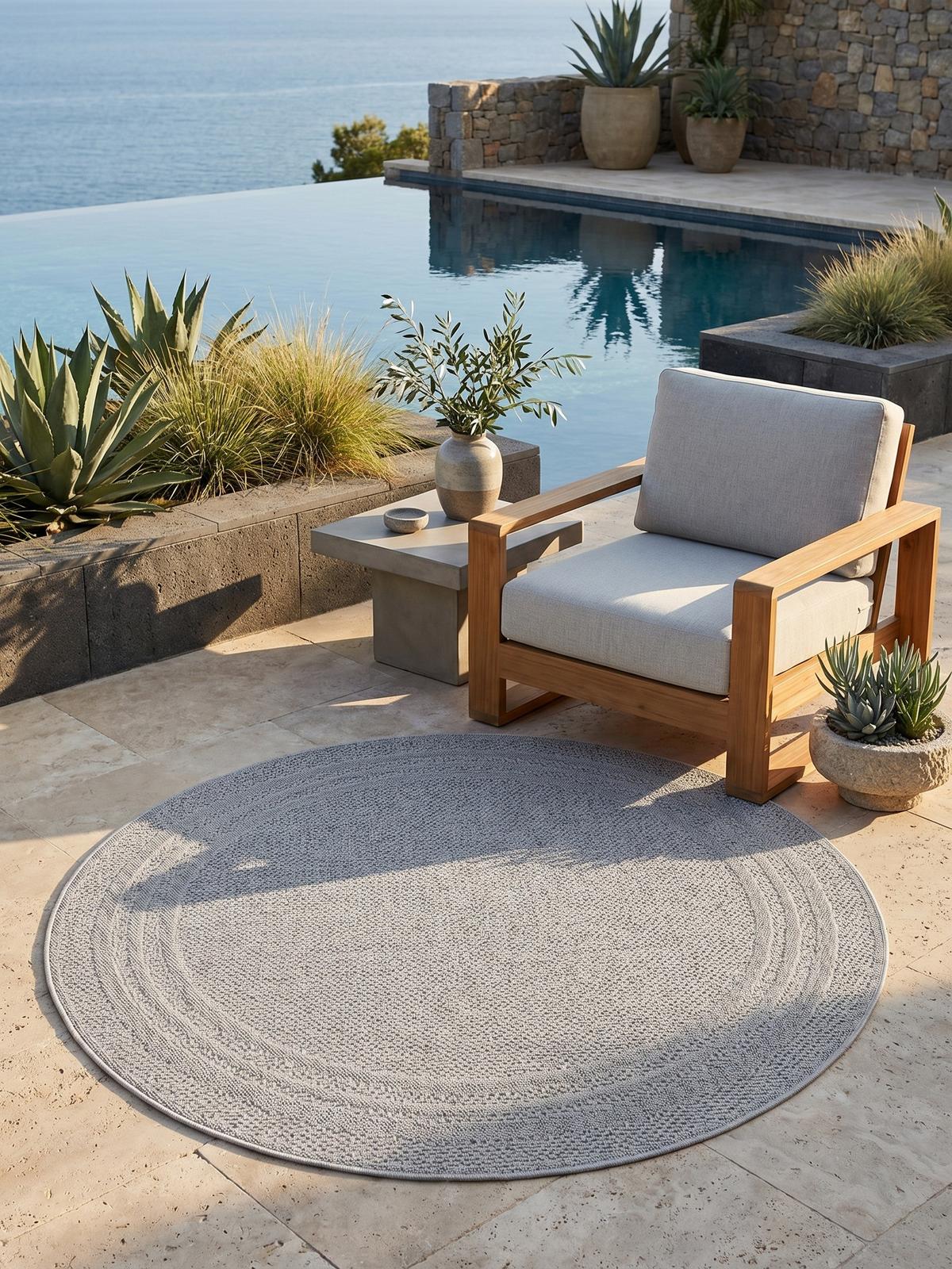 TEPPICH Outdoor VENTOUX in Grau, mit Bordüre, Ø 200 cm - Grau, Textil (200/200cm) - KADIMA DESIGN