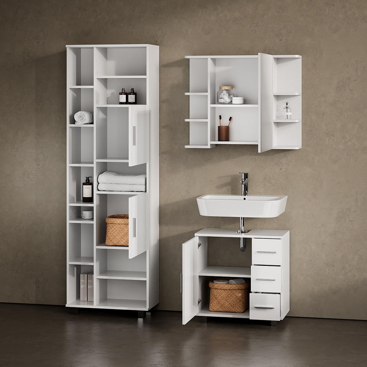 BADMÖBEL-SET Eisak Weiß Hochglanz 3 Teile, mit Hochschrank - Weiß Hochglanz, Holzwerkstoff (60/60/33cm) - Livinity®