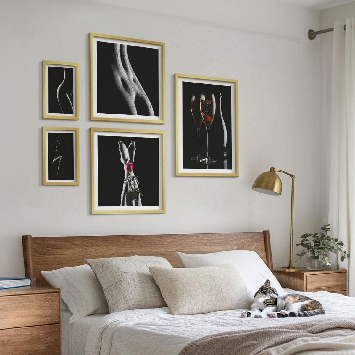 BILDER SET 5er Set - 50x50 cm & 20x30 cm & 40x60 cm Goldrahmen - Schwarze und weiße weibliche Formen - Goldfarben, Kunststoff (40/60cm) - TULUP