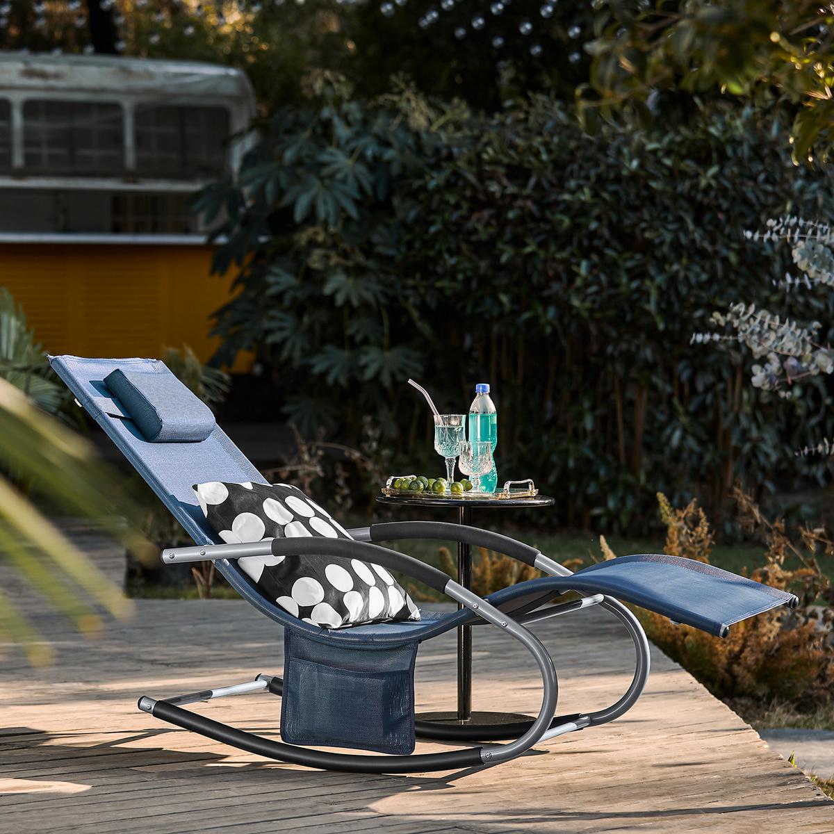 SONNENLIEGE mit Kopfkissen, Gartenliege bis 150kg, Denimblue - Dunkelblau, Metall (63/87/150cm) - SoBuy