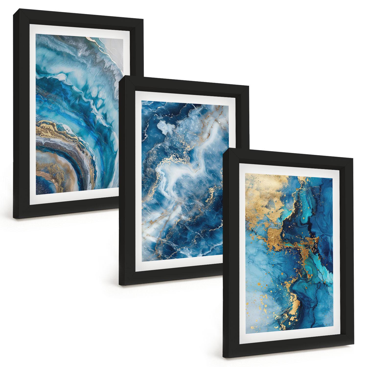 BILDER SET 3er Set - 20x30 cm Schwarzer Rahmen - Blaue abstrakte Muster - Schwarz, Kunststoff (20/30cm) - TULUP