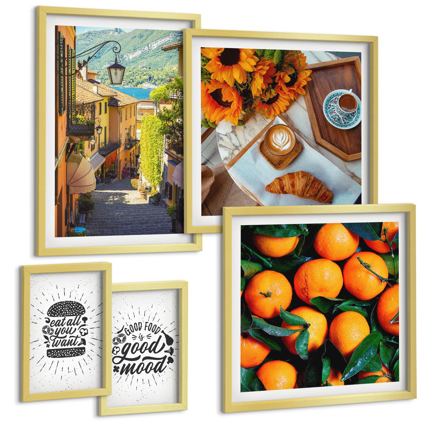 BILDER SET 5er Set - 50x50 cm & 20x30 cm & 40x60 cm Goldrahmen - Juicy Oranges Kitchen - Goldfarben, Kunststoff (40/60cm) - TULUP