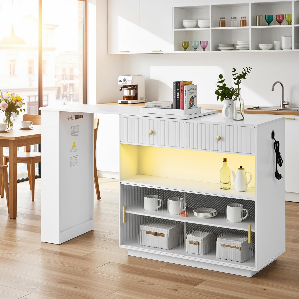 BARTISCH mit sideboard in weiß mit riffelglas, 360° drehbar - Weiß, Holzwerkstoff (50/120/95.5cm) - Urban Meuble