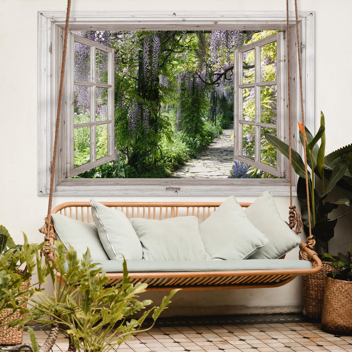 GARTENPOSTER Blauer Regen - Blumen - Aussicht - Baum - Frühling Poster für draußen 180x120 cm - Beige, Kunststoff (180/120/0.2cm) - OnlyWow