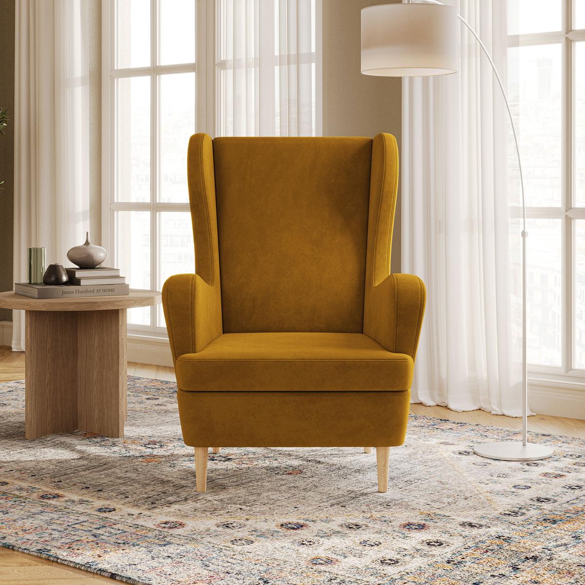 SESSEL VOGERA Ohrensessel Polstersessel, Gelb - Eichefarben/Gelb, Holzwerkstoff (78/103/85cm) - MASSENO