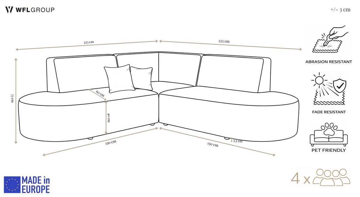 ECKSOFA Nora L-Form 3-Sitzer Universell, Samt, Grau 223/73/223 cm - Schwarz/Grau, Kunststoff/Textil (223/223cm) - WFL GROUP