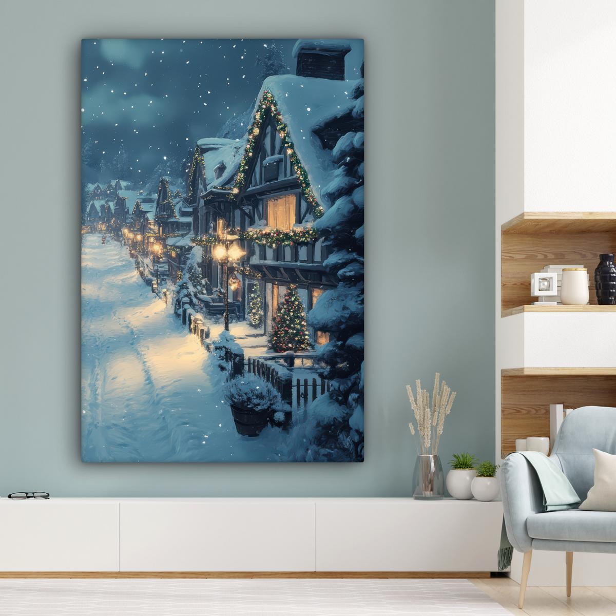 LEINWANDBILD Weihnachtsdorf - Weihnachten - Schnee - Winter Deko Groß 90x140 cm - Dunkelblau, Textil (90/140cm) - MuchoWow