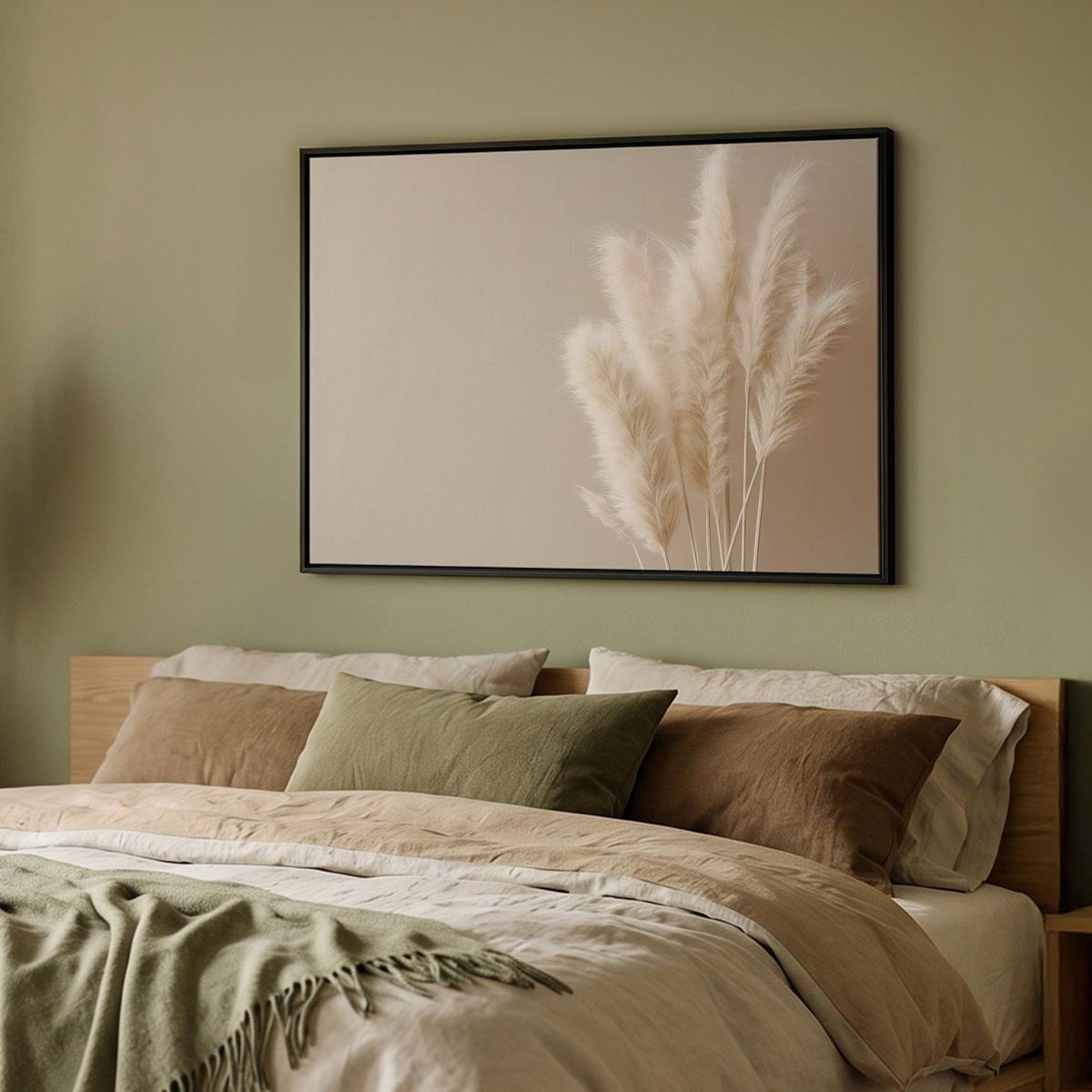 LEINWAND Bilder mit Rahmen - Pampasgras - Federn - Pastell - Weiß - 100x70 - Naturfarben, Textil (100/70cm) - MuchoWow