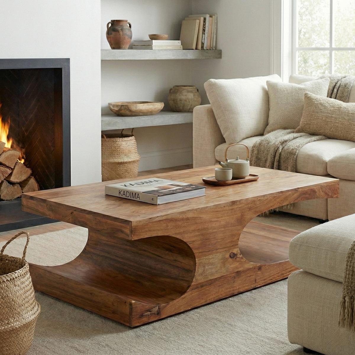 COUCHTISCH Massivholz mit zwei Ablagefächern, handgefertigt und pflegeleicht, Beige 118x70x38 cm - Beige, Holz (70/118/38cm) - KADIMA DESIGN