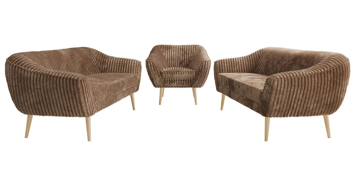 SITZGARNITUR PIRS 3+3+1 - Braun Cord - Holzbeine - Buchefarben/Braun, Holzwerkstoff/Textil (180/75/74cm) - MKS