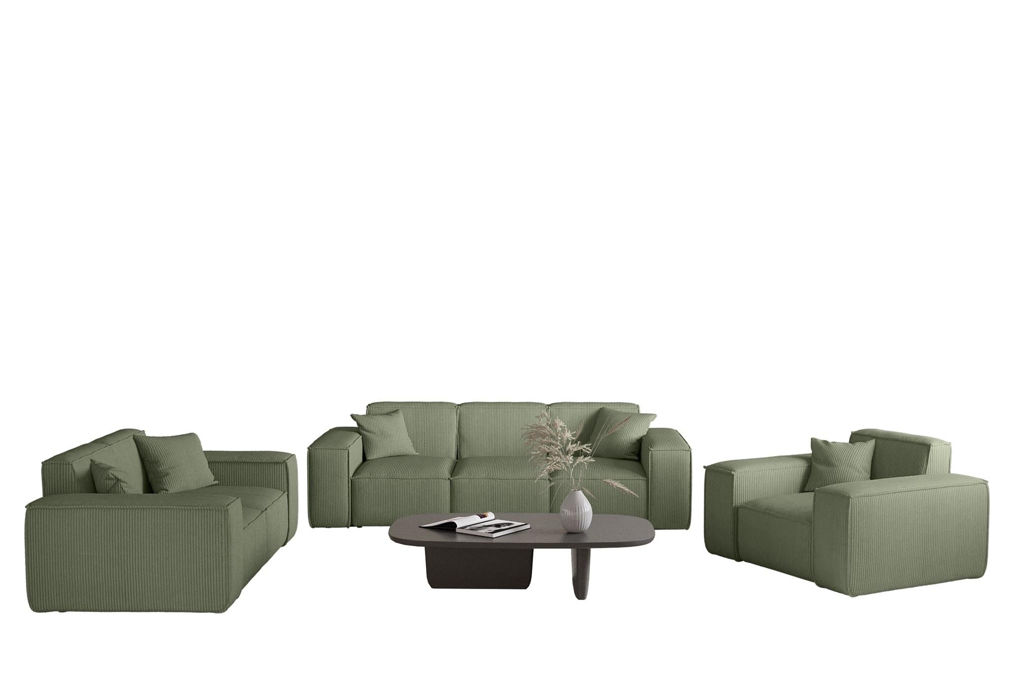 SOFASET Celes Premium 3-2-1 Stoff Scala - Jadegrün, Holzwerkstoff/Textil (225/73/88cm) - Fun Möbel