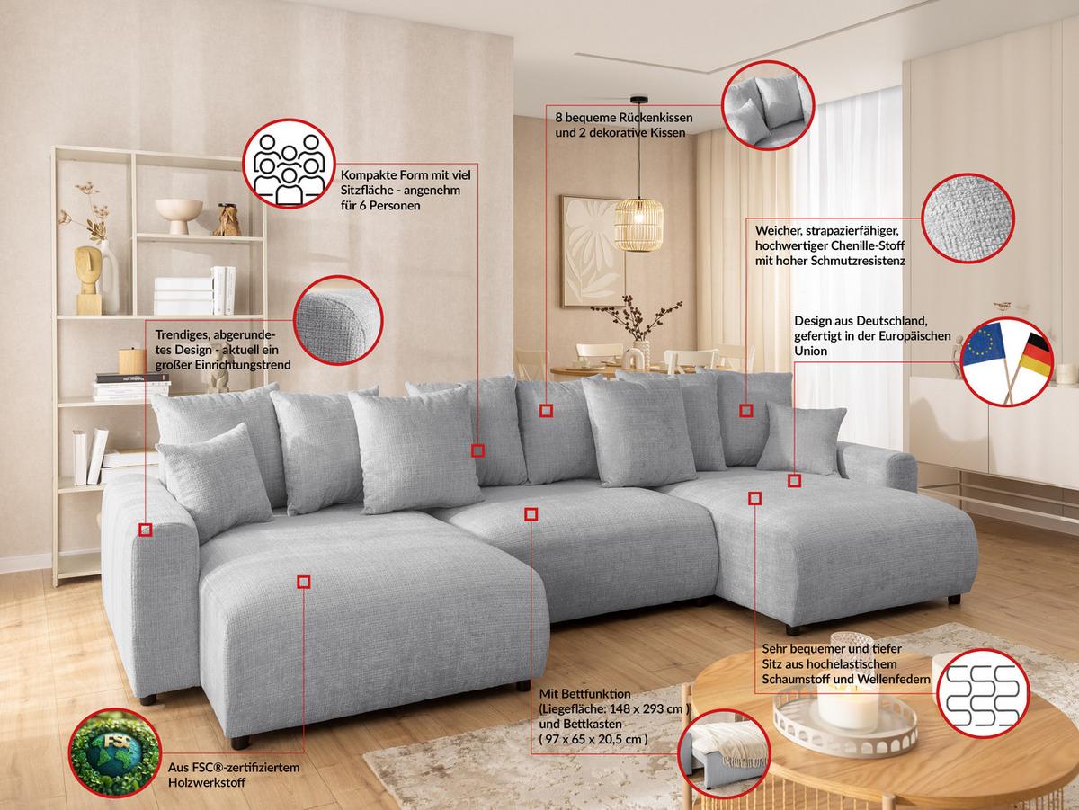 WOHNLANDSCHAFT Calma mit Schlaffunktion und Bettkasten im Bumpy-Design aus weichem Hellgrau Chenille-Stoff - Hellgrau/Schwarz, Holz/Kunststoff (336/88/140cm) - S-Style