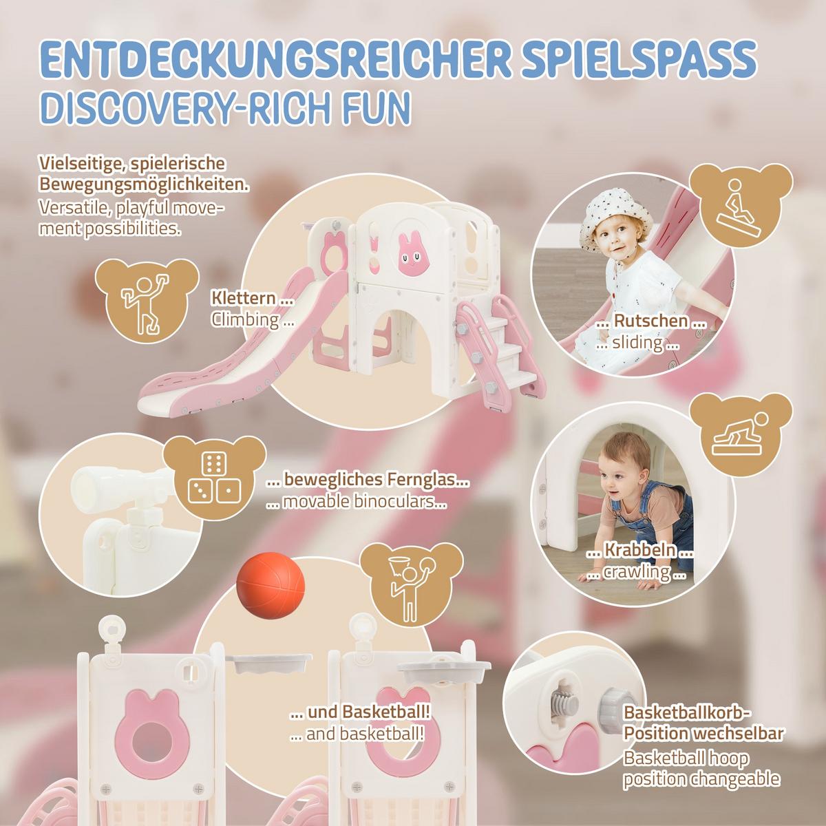 KINDERRUTSCHE mit Spielturm und Basketballkorb Rosa aus Kunststoff - Pink, Kunststoff (134.5/94.5/162cm) - Joyz