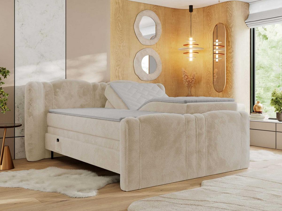 BOXBETT FORTINA 160/200 - Creme Plüsch - H4 - Creme, Holz/Textil (160/200cm) - MKS