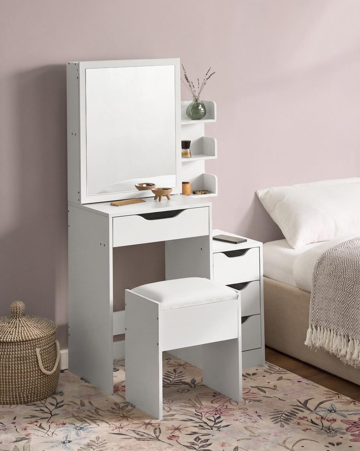 SCHMINKTISCH mit Spiegel und Hocker Weiß Gatineau - Weiß, Holzwerkstoff (76/132/40cm) - Beliani