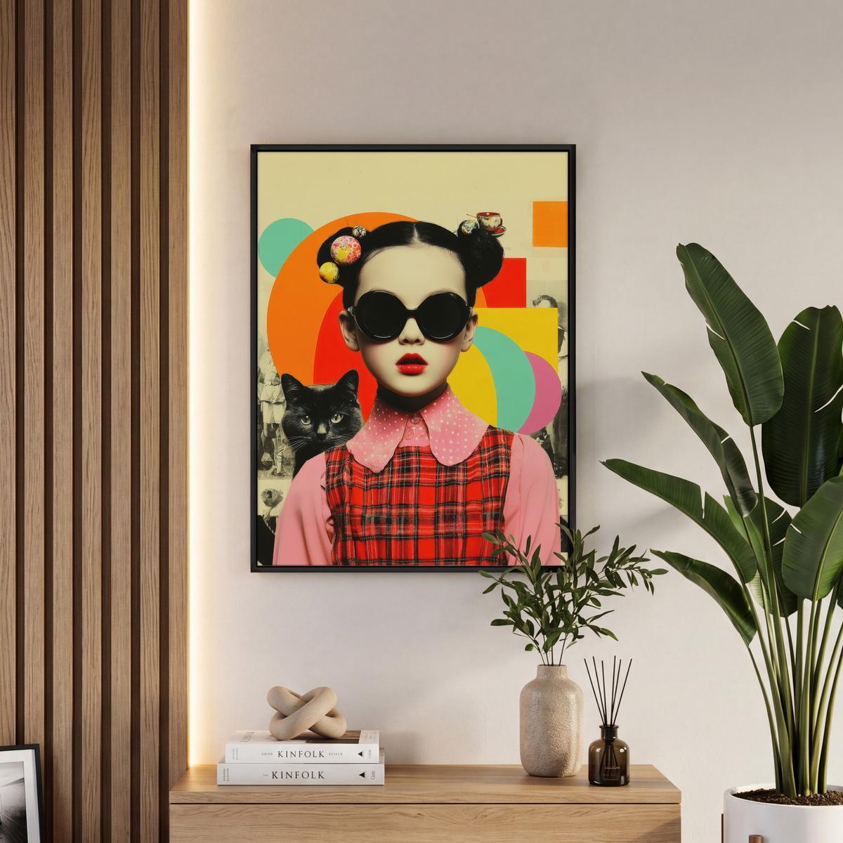 LEINWAND Bilder mit Rahmen - Mädchen - Sonnenbrille - Katze - Retro - 60x80 - Beige, Textil (60/80cm) - MuchoWow