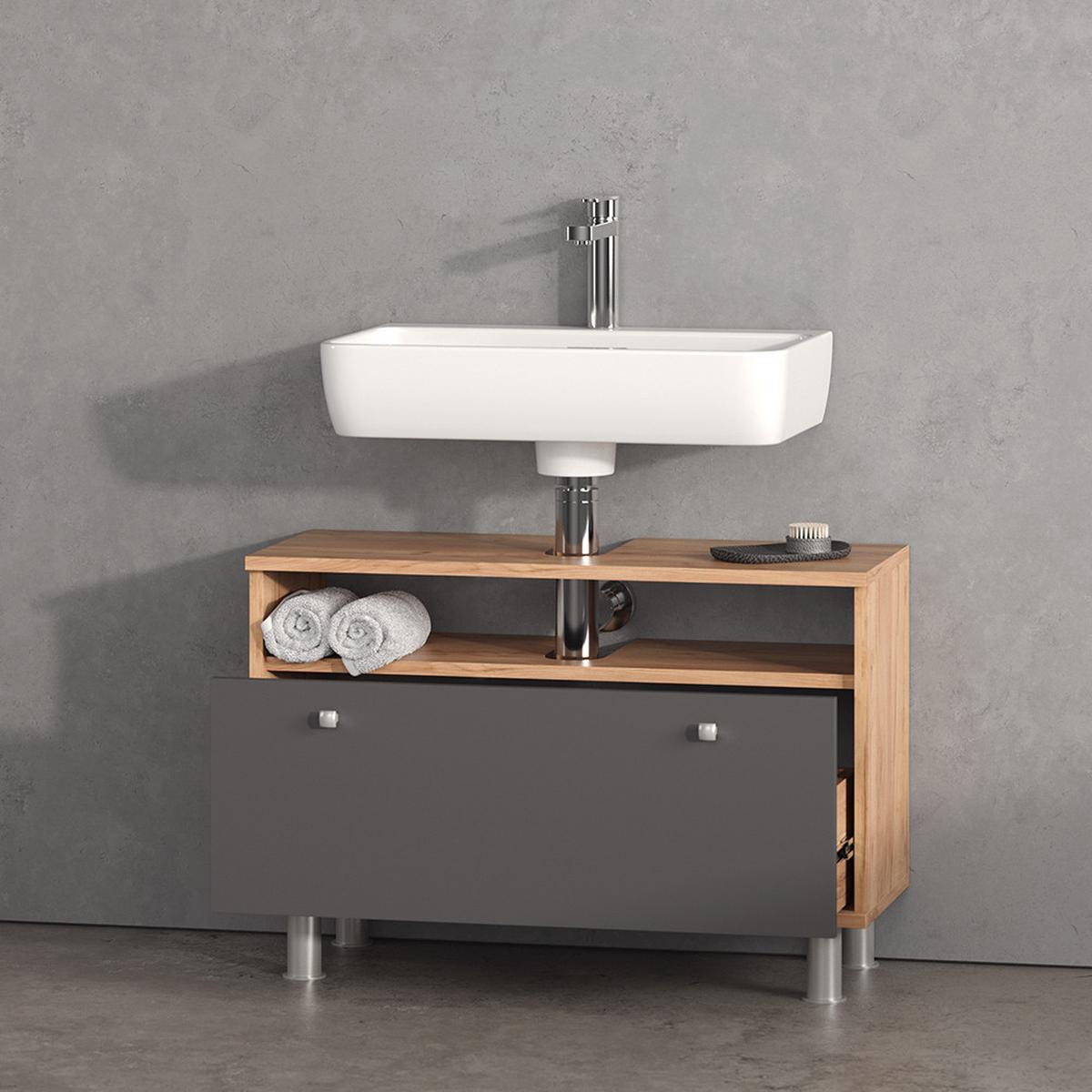 WASCHBECKENUNTERSCHRANK Fucino Goldkraft Eiche/Anthrazit 80.2 x 54 cm mit Schublade - Honigeiche/Anthrazit, Holzwerkstoff (80.2/54/32cm) - Livinity®