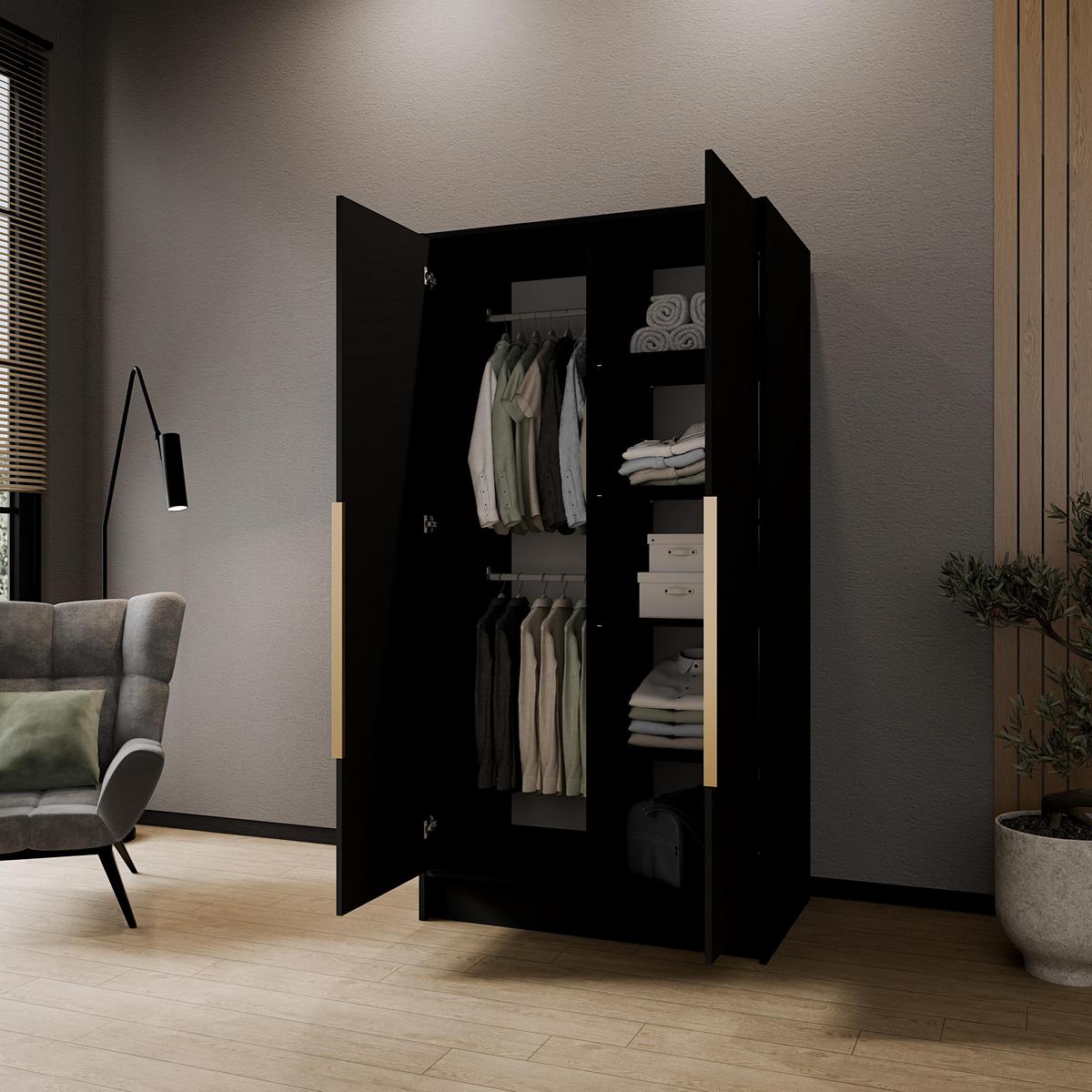 DREHTÜRENSCHRANK BERON 102/200/51 cm Modern Kleiderschrank 2-türig Schwarz - Schwarz, Holzwerkstoff (102/200/51cm) - MASSENO
