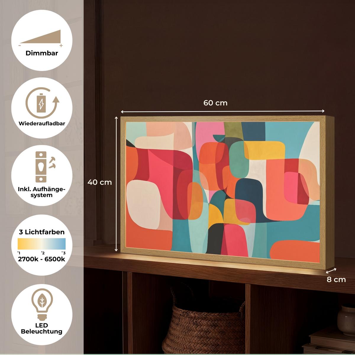 WANDLEUCHTE MIT AKKU Formen - Bunt - Abstrakt - Flugzeuge 60x40 cm - Multicolor, Holzwerkstoff (60/40/8cm) - OnlyWow