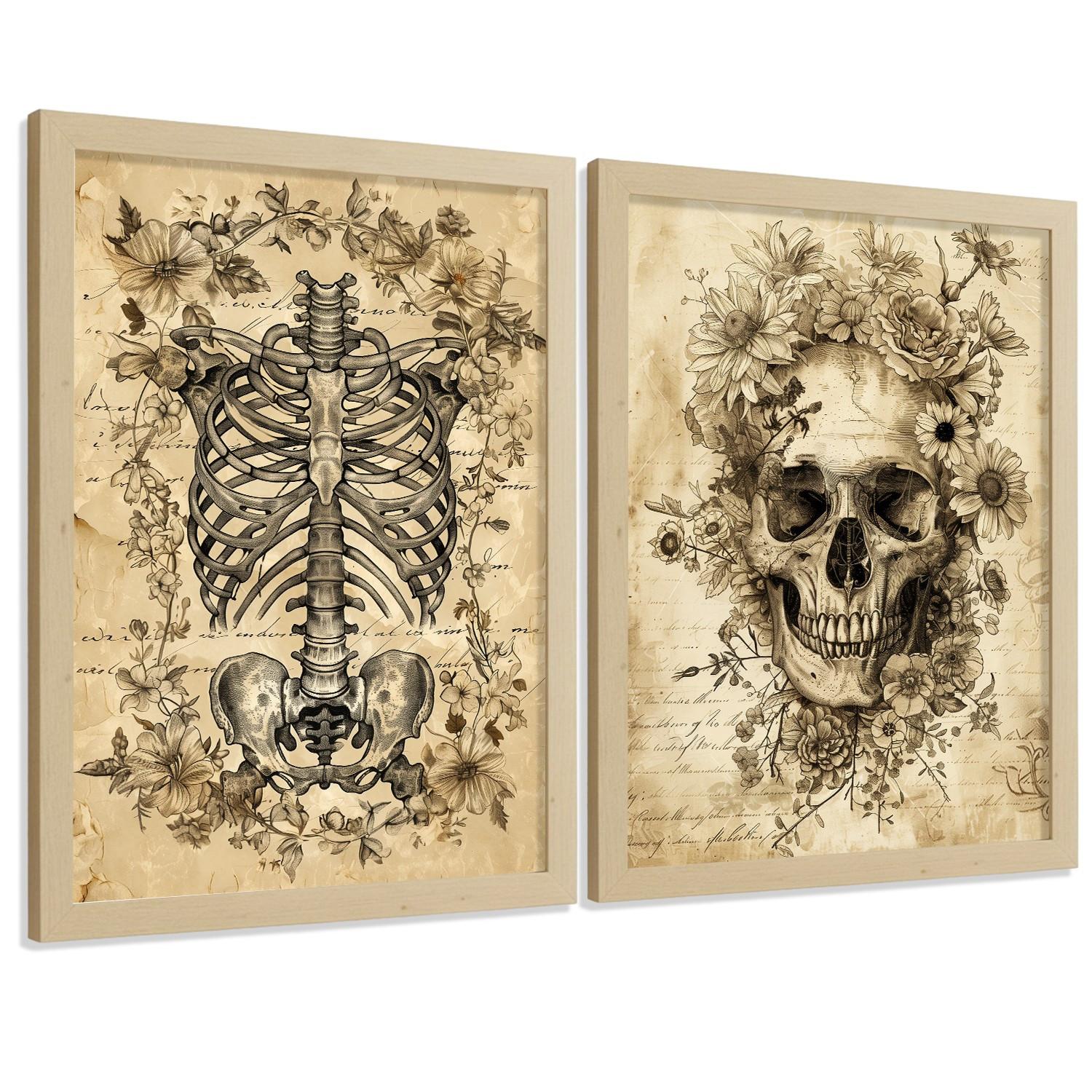 POSTER Set aus 2 Anatomie Mensch Drucke und Wandbilder mit Schädel Wirbelsäule Rippen Becken Klassisches Vintage Design Größe Leichter Holzrahmen A4 - Beige, Papier (21/29.7/3cm) - Nacnic