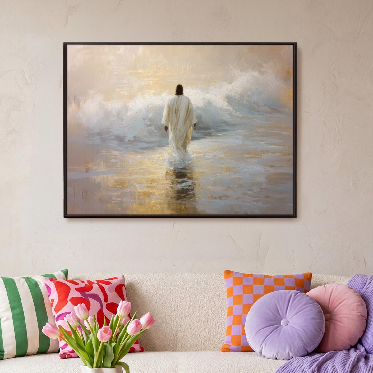 LEINWAND Bilder mit Rahmen - Gemälde - Welle - Jesus - Abstrakt - 100x70 - Goldfarben, Textil (100/70cm) - MuchoWow