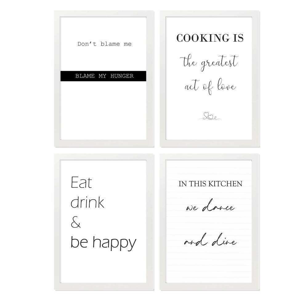 POSTER Set mit 4 Küchenzitate, Nachrichten A4 Weißer Rahmen - Weiß, Papier (29.7/3cm) - Nacnic