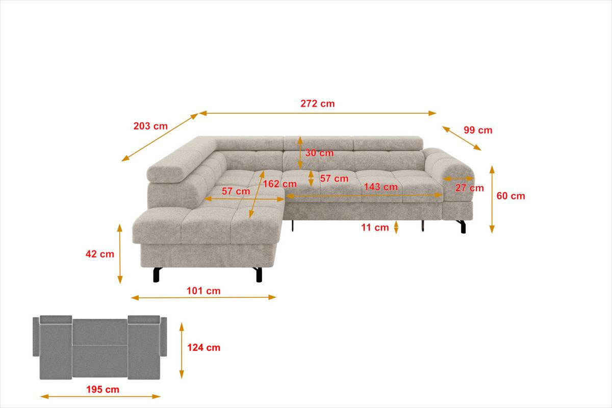 ECKSOFA mit Schlaffunktion Ottomane Links LUMA-L 272x203x70 Beige Velours - Beige/Schwarz, Holzwerkstoff/Kunststoff (272/203cm) - ALTDECOR