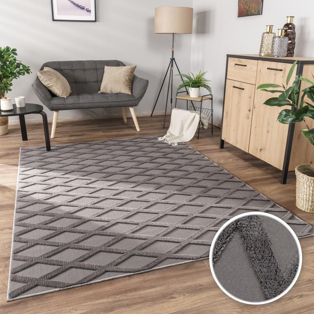 KURZFLORTEPPICH Waschbar, mit Rautenmuster, Anthrazit, 120 x 160 cm - Anthrazit, Textil (160/120cm) - KADIMA DESIGN