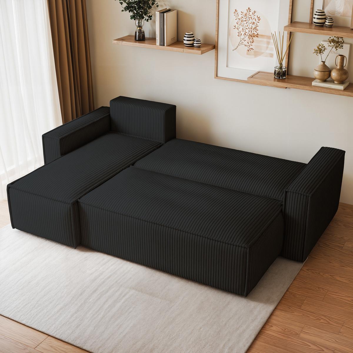 ECKSOFA RAVELO P Schwarz Kordstoff mit Schlaffunktion - Schwarz/Grau, Holz/Kunststoff (240/140cm) - MASSENO