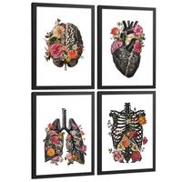 POSTER Set aus 4 Anatomie Drucke und Dekorative mit Gehirn Herz Lungen Atmungssystem Rippen Wirbelsäule Modernes Florales Größe Schwarzer Rahmen A3 - Schwarz, Papier (29.7/42/3cm) - Nacnic